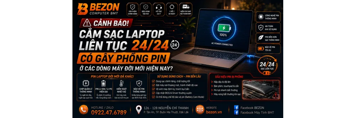 Cắm sạc laptop liên tục 24/24 có gây phồng pin ở các dòng máy đời mới hiện nay?
