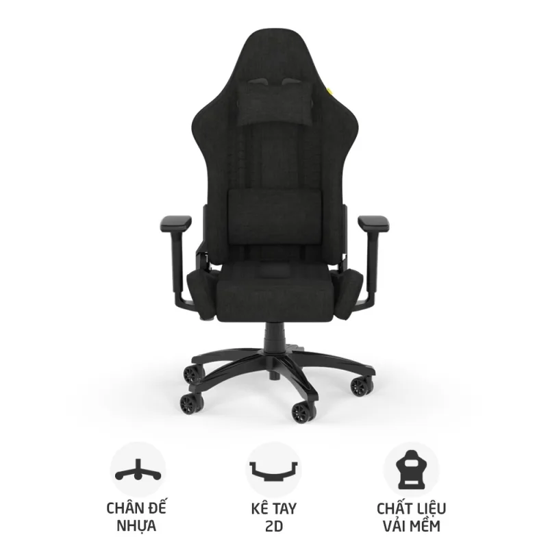 Ghế gaming CORSAIR TC100 RELAXED | Đen, 120kg, Chân xoay, Lưng vải (CF-9010051-WW)