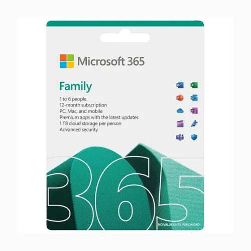 Phần mềm Microsoft 365 Family EP2-36878 | 12 tháng, Dành cho tối đa 6 người, 5 thiết bị/tài khoản, Word, Excel, PowerPoint, 1TB OneDrive