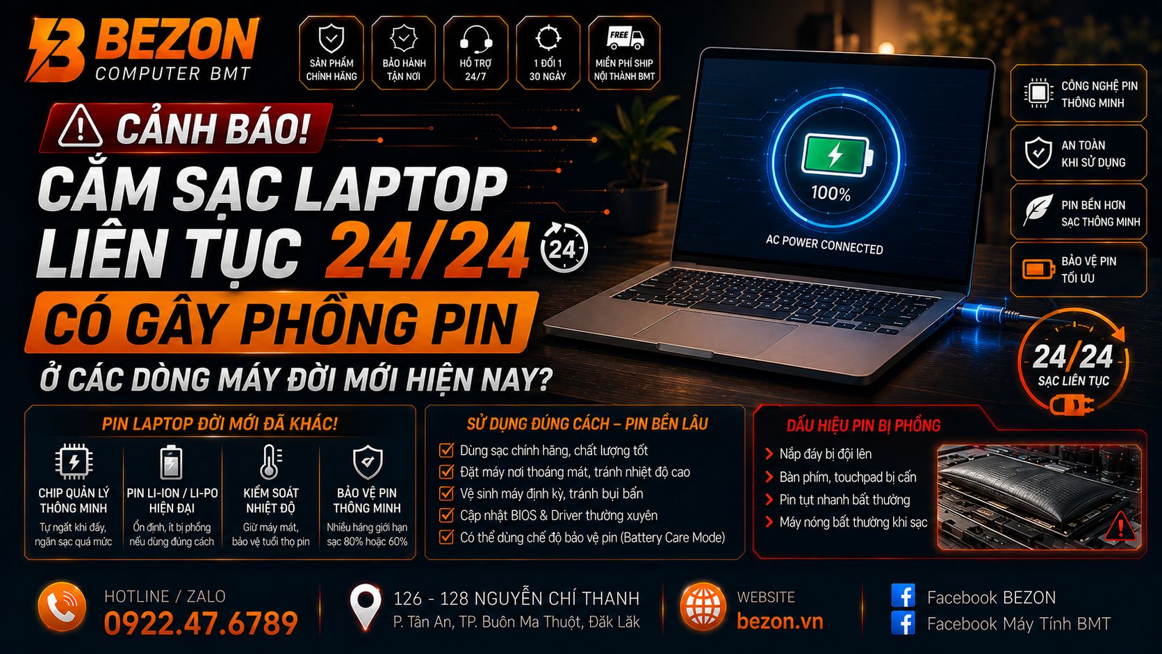 Cắm sạc laptop liên tục 24/24 có gây phồng pin ở các dòng máy đời mới hiện nay?