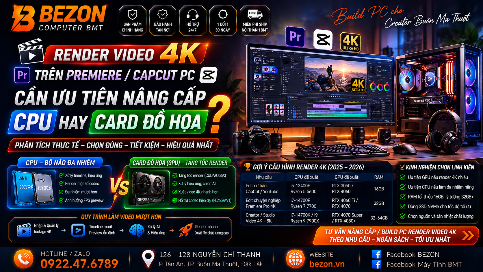 Render video 4K trên Premiere / CapCut PC: Cần ưu tiên nâng cấp CPU hay Card đồ họa?