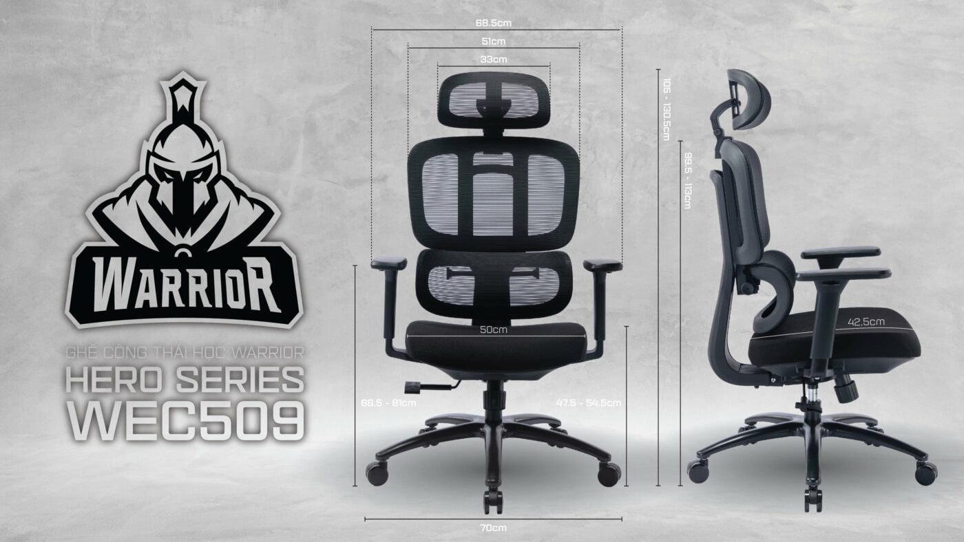 Ghế công thái học WARRIOR Hero WEC509 | Đen đỏ, 150kg, Chân xoay, Lưng lưới