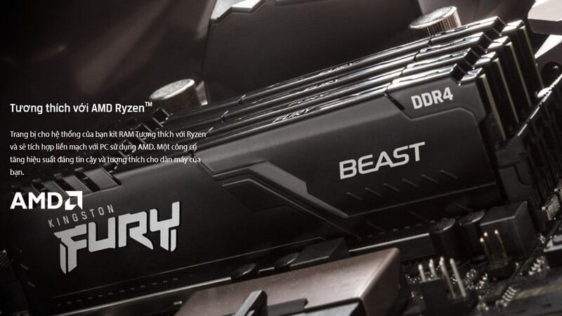 RAM PC Kingston Fury Beast 8GB DDR4 3200Mhz (1x 8GB) được thiết kế tương thích với hầu hết các mainboard hỗ trợ DDR4, AMD Ryzen™