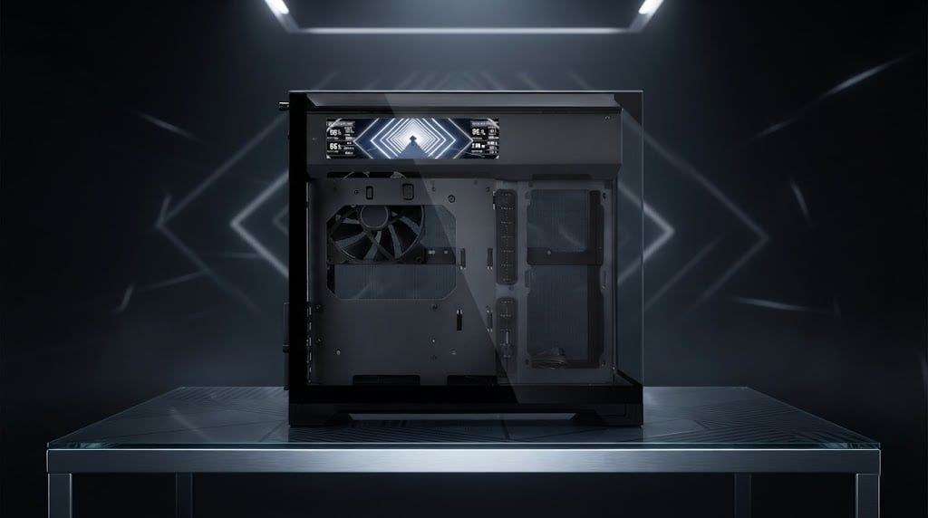 Thùng máy Lian Li O11 Vision M Digital (LCD 9.2 inch) (Không Kèm Fan) (CASELLO11VMDX) | M-ATX/ITX, LCD 9.2 inch, VGA 410mm, Đen