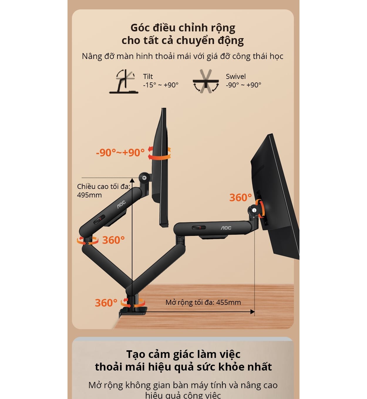 Giá treo màn hình đôi AOC AM420S - Bạc | 17 - 34 inch